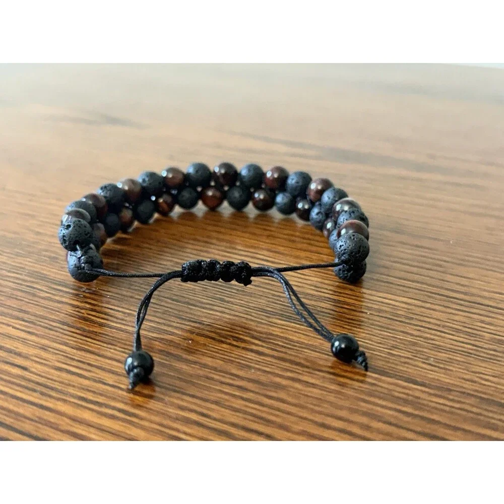 Natural Red Tiger Eye Lava Rock Double Row Braided Bracelet for Men Women